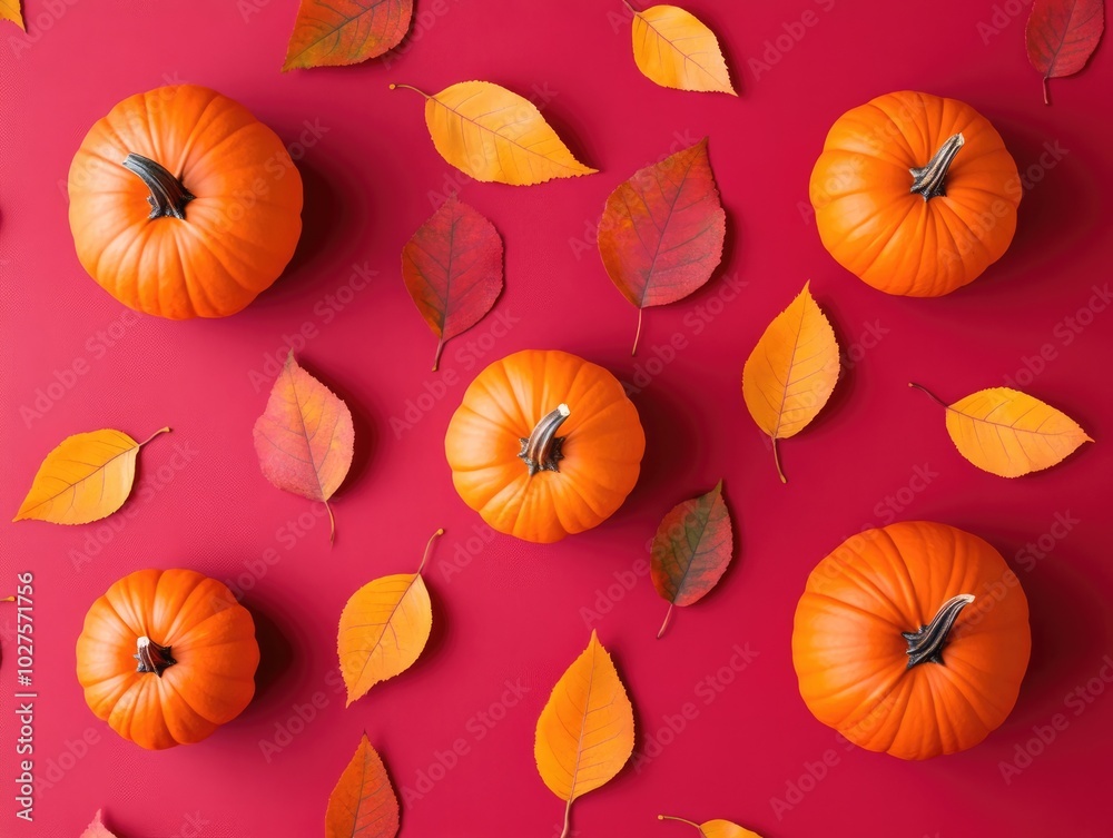 Autumn Pumpkins and Leaves Pattern on Vibrant Background