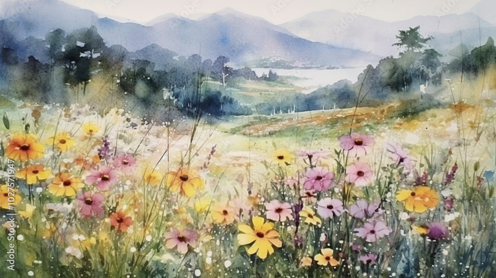 Fototapeta premium On a sunny spring day, the flutter of flowers blooming in the hillsides