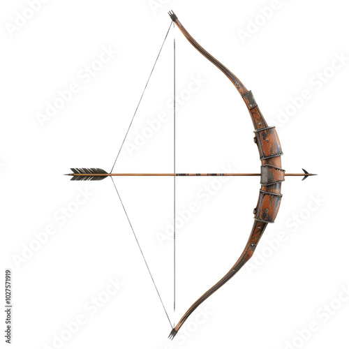 A detailed wooden bow with an arrow, ideal for archery enthusiasts, isolated on a white background.