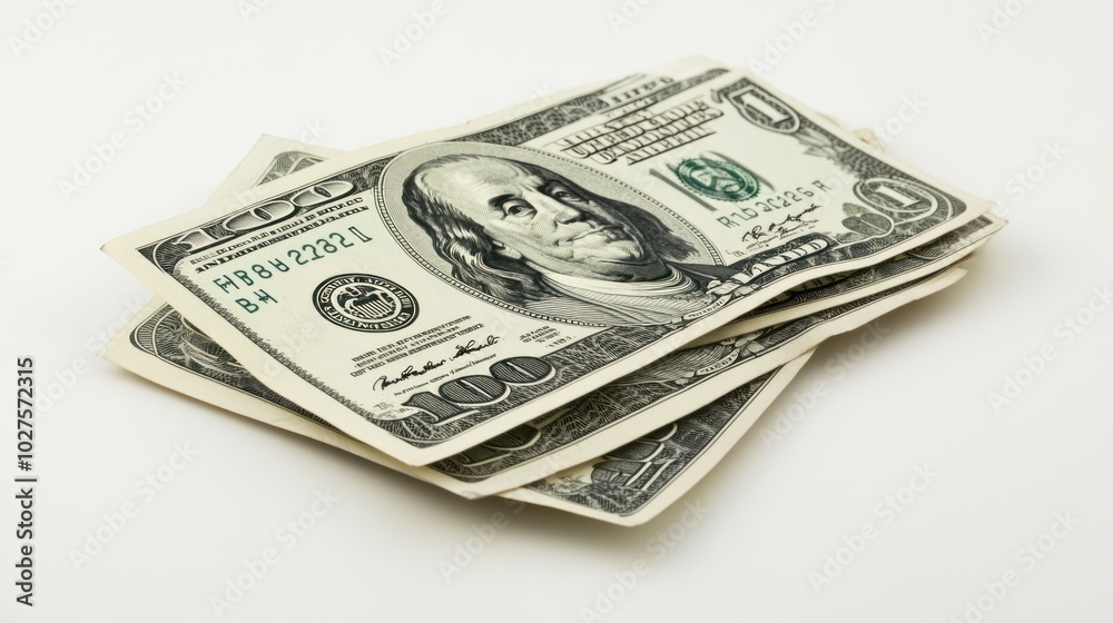 Several 100-dollar bills scattered loosely on a white background, emphasizing the distinct features of American currency. Several 100-dollar bills scattered loosely on a white background, emphasizing the distinct features of American currency.