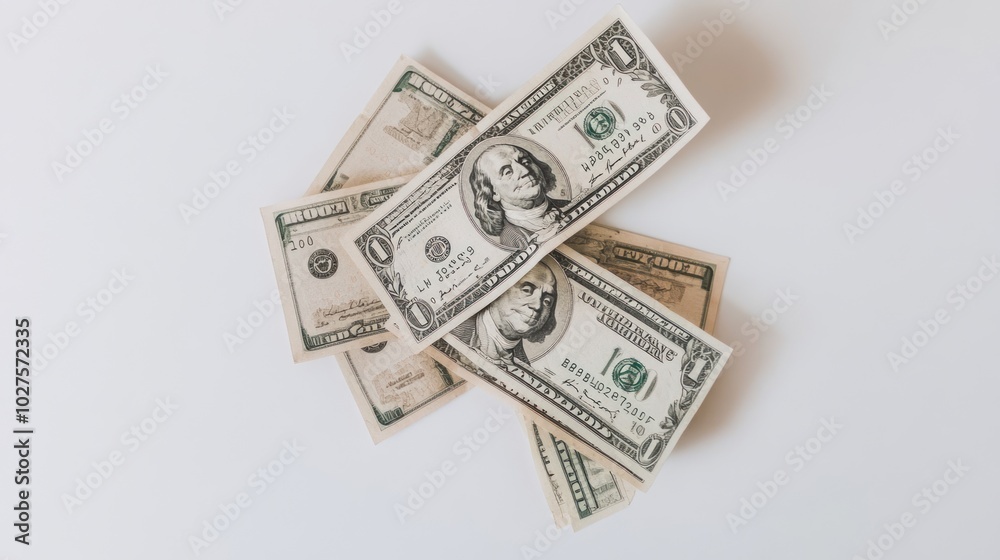 Several 100-dollar bills scattered loosely on a white background, emphasizing the distinct features of American currency. Several 100-dollar bills scattered loosely on a white background, emphasizing the distinct features of American currency.