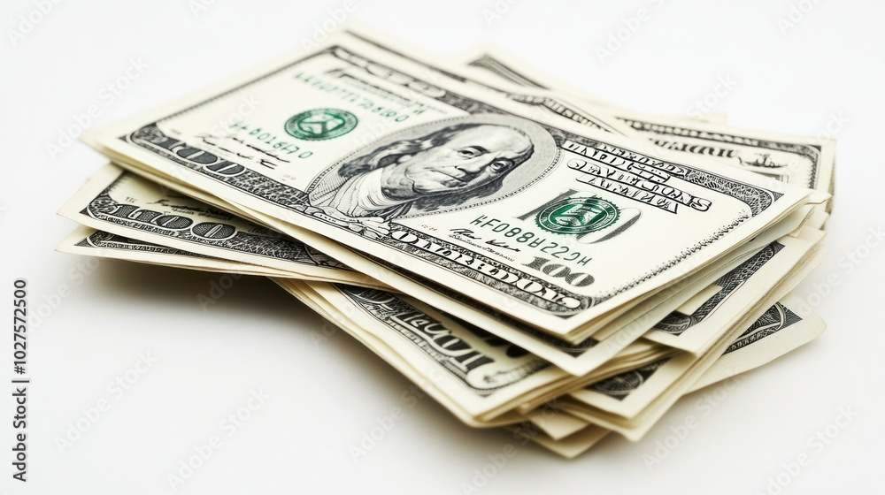 Spread out 100-dollar bills, fanned out on a clean white background, capturing the intricate details of the currency. Spread out 100-dollar bills, fanned out on a clean white background, capturing the intricate details of the currency.