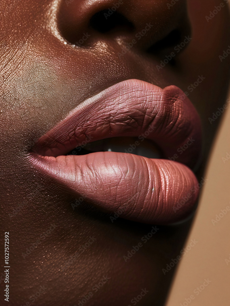 Fototapeta premium Close-up of lips with matte red, pink, purple, brown lipstick highlighting its soft texture and natural shine. Texture of female lips.