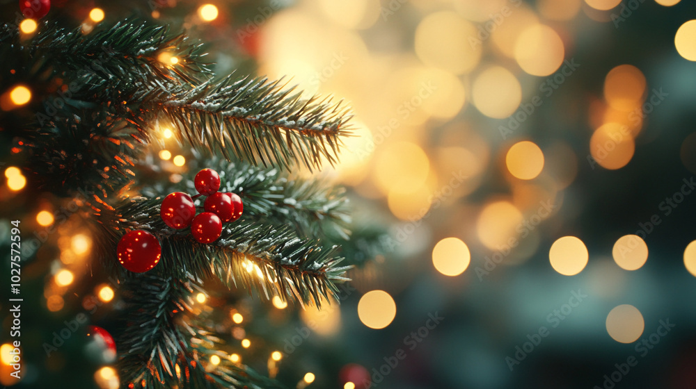 Close-up of a festive tree with twinkling lights and bright ornaments, warming winter Close-up of a festive tree with twinkling lights and bright ornaments, warming winter