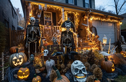 A suburban house decorated for Halloween. photo