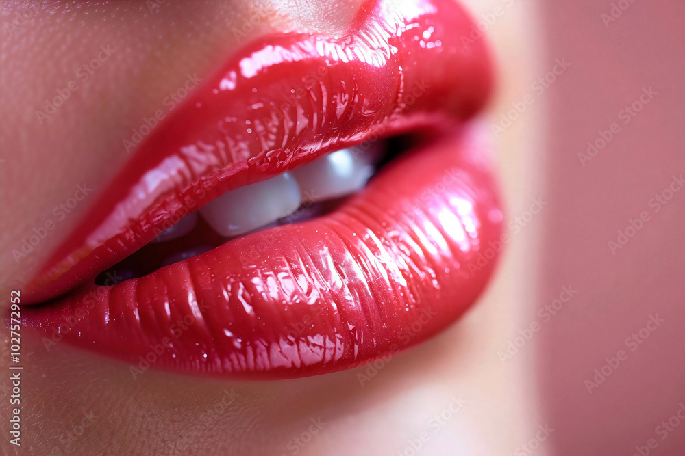 Obraz premium Close-up of lips with matte red, pink, purple, brown lipstick highlighting its soft texture and natural shine. Texture of female lips.