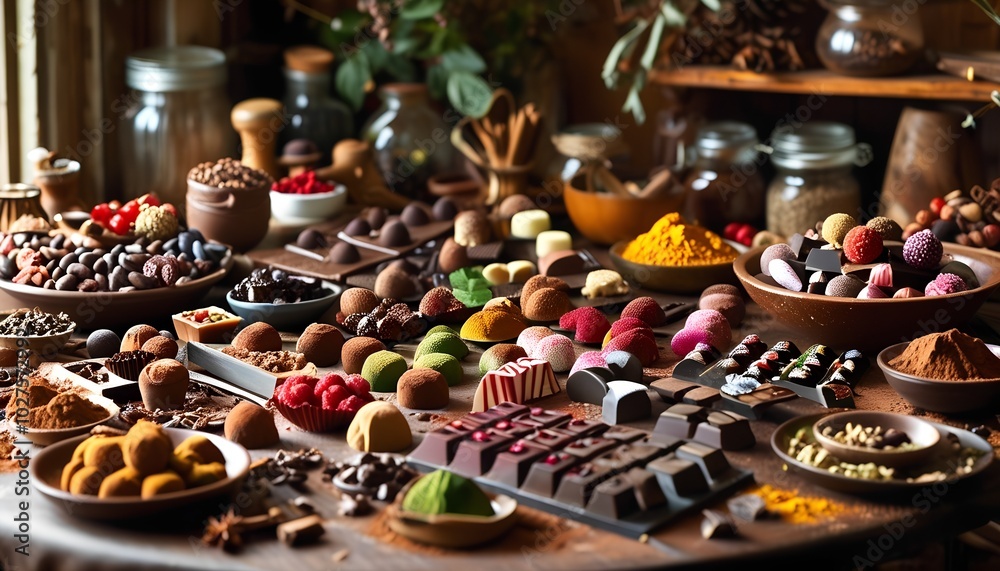 Fototapeta premium A delightful chocolate workshop filled with various molds, tools, and bowls of colorful cocoa and confections. A table is adorned with elegantly crafted chocolates and truffles