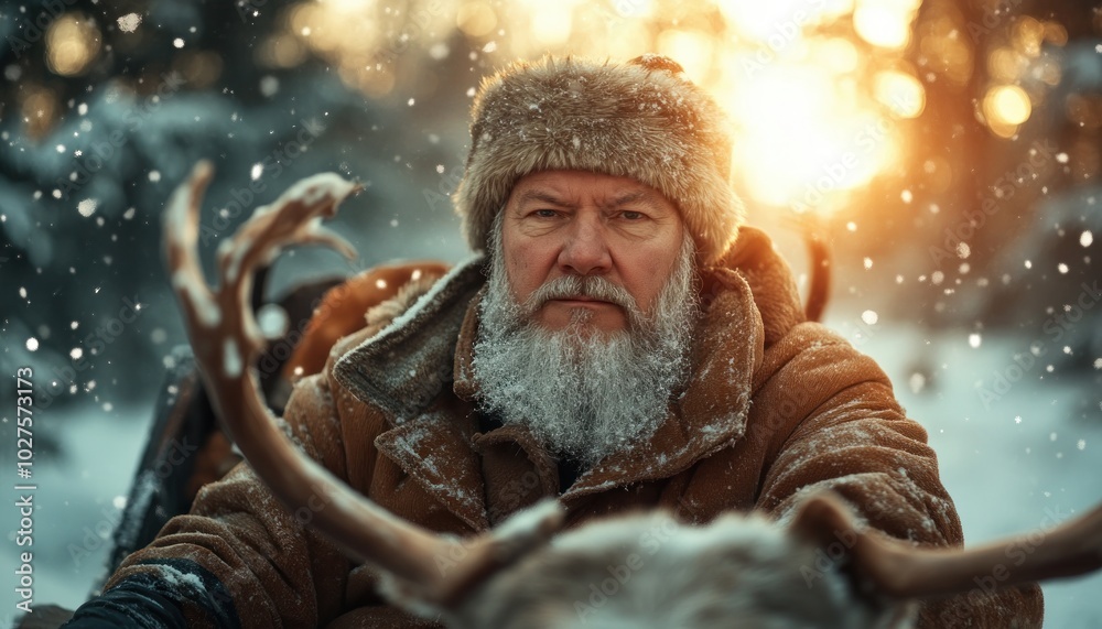 A Traditional Sleigh Ride Through a Snowy Winter Wonderland, Reindeer Pulling Through a Snowy Landscape A Traditional Sleigh Ride Through a Snowy Winter Wonderland, Reindeer Pulling Through a Snowy Landscape