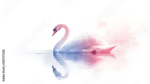 Watercolor painting of a swan, double exposure style with its graceful body blending into a tranquil lake at dawn, soft blues, pinks, and fluid brushstrokes, isolated on a white background, the calm photo