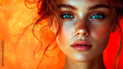 Close-up portrait of a young woman with freckles and blue eyes against a warm, orange background.