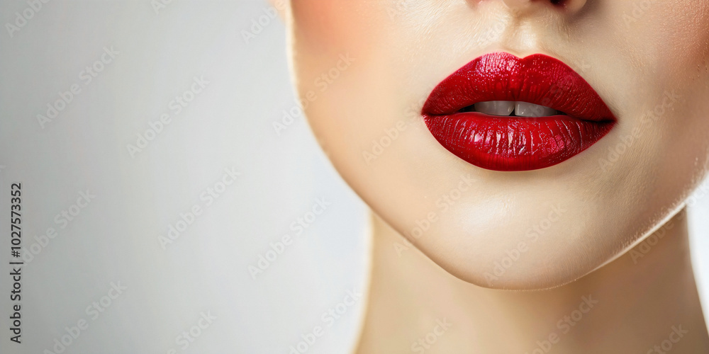 Close-up of lips with matte red, pink, purple, brown lipstick highlighting its soft texture and natural shine. Texture of female lips.