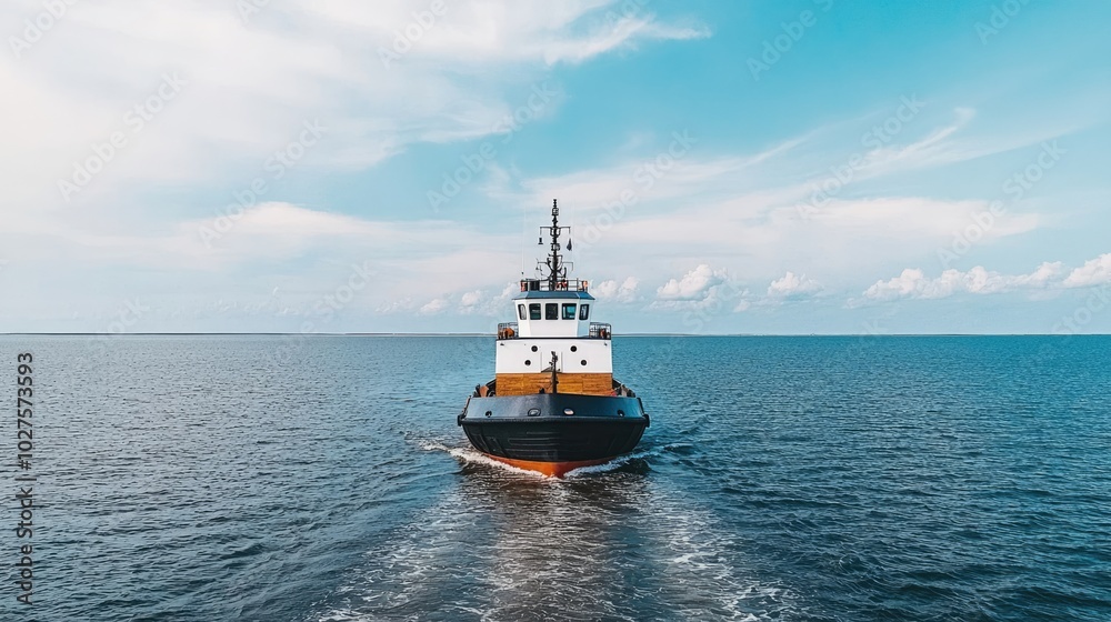 A tugboat navigates calm waters under a bright sky, showcasing maritime efficiency and beauty. A tugboat navigates calm waters under a bright sky, showcasing maritime efficiency and beauty.