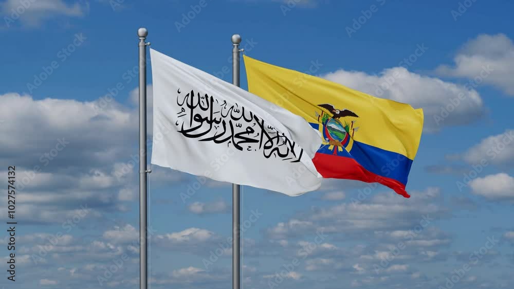 Ecuador and Afghanistan flags flying together, video concept of the relationship, two country relations concept