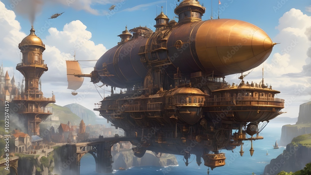 Obraz premium Massive airships docked at floating harbors