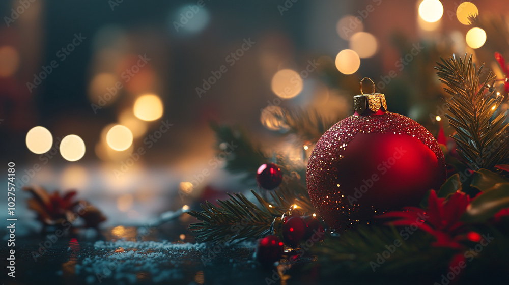 Festive red ornament among Christmas decorations with twinkling lights in a cozy setting