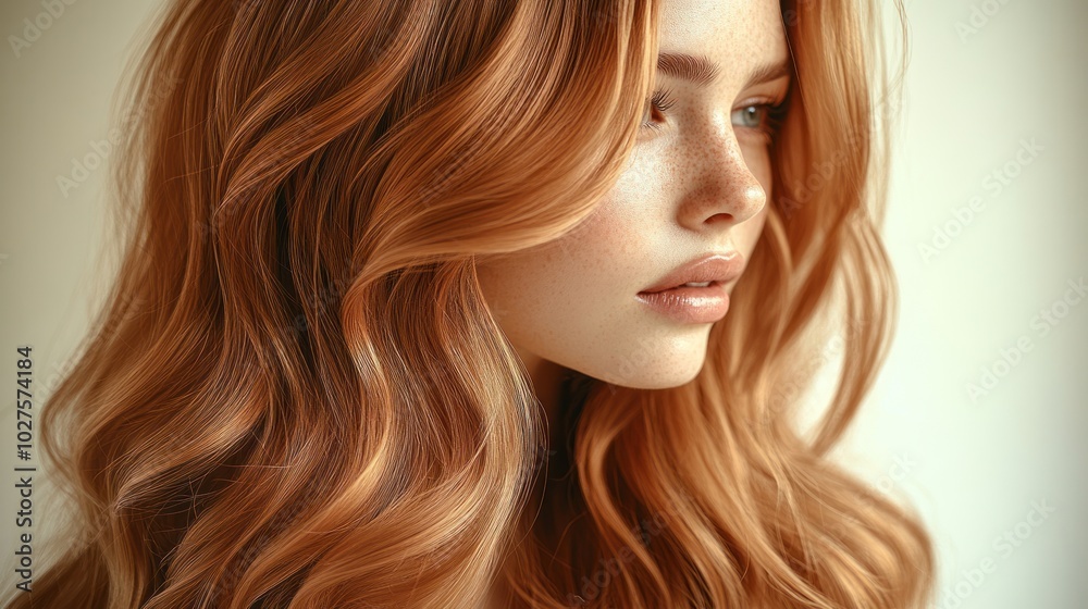 Naklejka premium A model with long, wavy auburn hair gazes thoughtfully, bathed in soft light