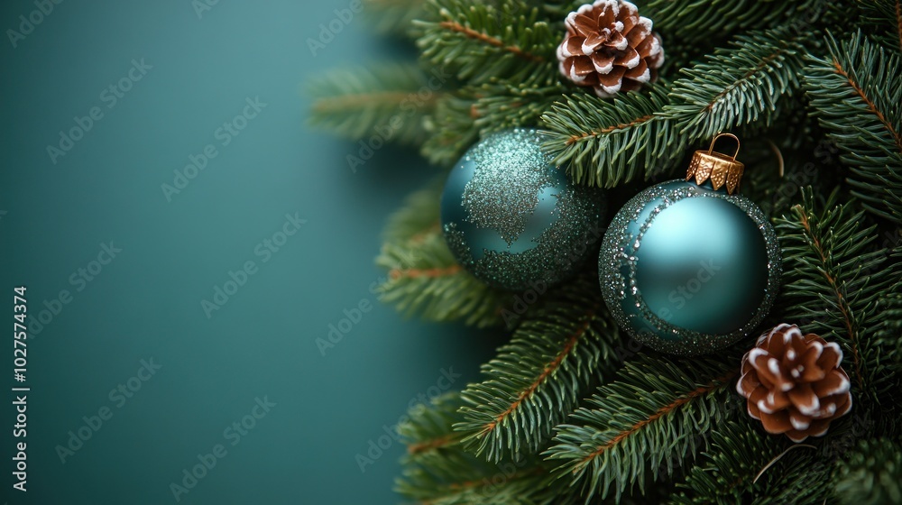 Ornaments and pine cones among green branches bring holiday cheer Ornaments and pine cones among green branches bring holiday cheer