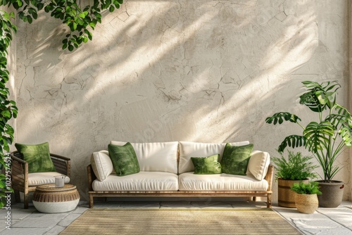 Beautiful Terrace with White Chairs, Green Pillows, and Plants on Beige Stucco Walls, Spring Mood