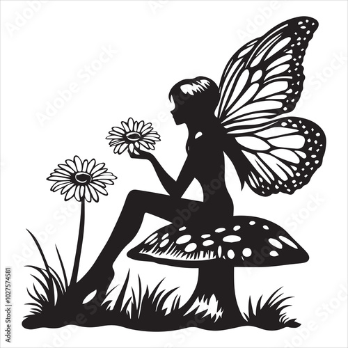 Black and white stencil of a fairy with butterfly wings sitting on a mushroom, holding a daisy flower in her hand, in a vector style, with a simple design.
