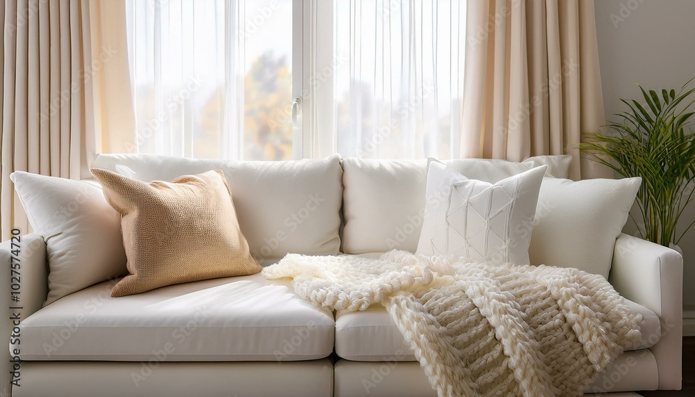 White cushions and cream color blanket on white sofa against of window. Scandinavian style interior design of modern living room, soft pastel colors. Created with generative AI White cushions and cream color blanket on white sofa against of window. Scandinavian style interior design of modern living room, soft pastel colors. Created with generative AI