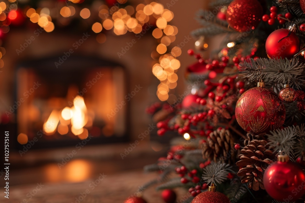 Close-up of Christmas Tree with Decorations and Blurred Room, Burning Fireplace in Background Close-up of Christmas Tree with Decorations and Blurred Room, Burning Fireplace in Background