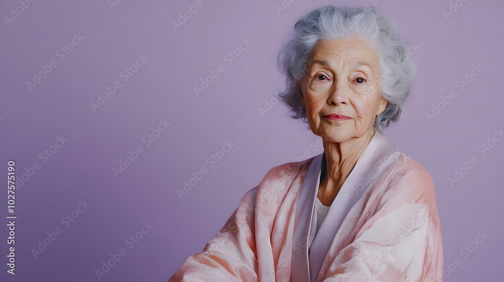 Peaceful and Thoughtful Portrait of an Elegant Elderly Multiracial Woman Dressed in a Simple Robe Posing in a Serene Lavender Studio Lighting Setting with Ample Copy Space Above Peaceful and Thoughtful Portrait of an Elegant Elderly Multiracial Woman Dressed in a Simple Robe Posing in a Serene Lavender Studio Lighting Setting with Ample Copy Space Above