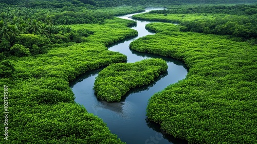 A winding river flows through a dense, green mangrove forest.