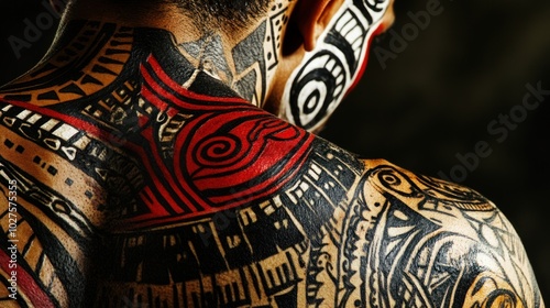 Traditional tribal body art featuring symbolic patterns and markings, representing cultural heritage and identity.