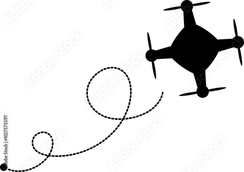 Drone flight route with start point and dash line trace. Route dashed line.