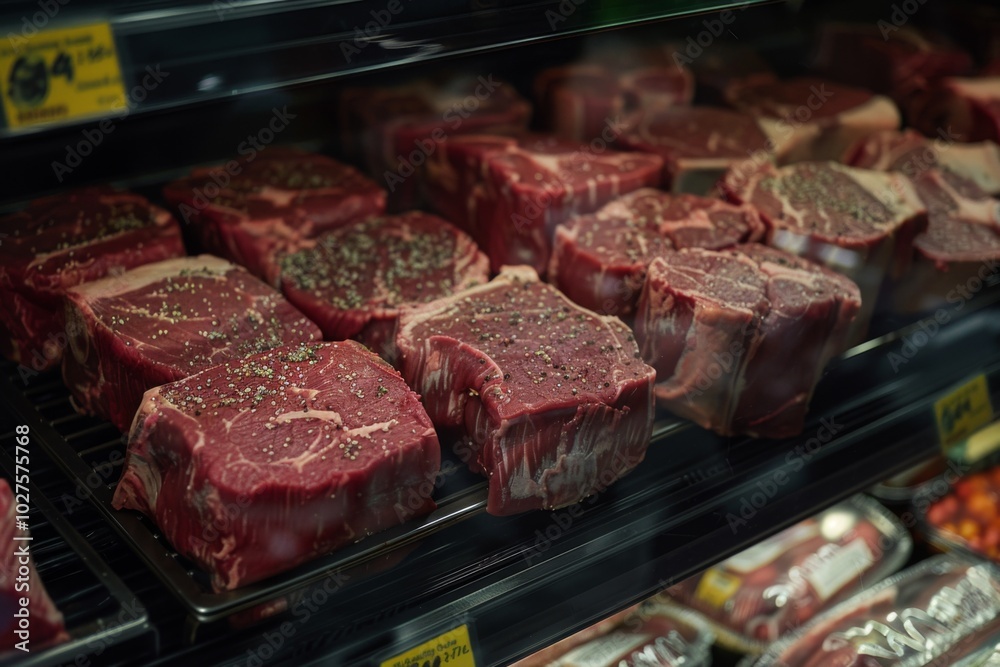 Close-up of Beef Steaks with Ribeye and Filet Mignon on Black Wooden Shelves at Supermarket Close-up of Beef Steaks with Ribeye and Filet Mignon on Black Wooden Shelves at Supermarket