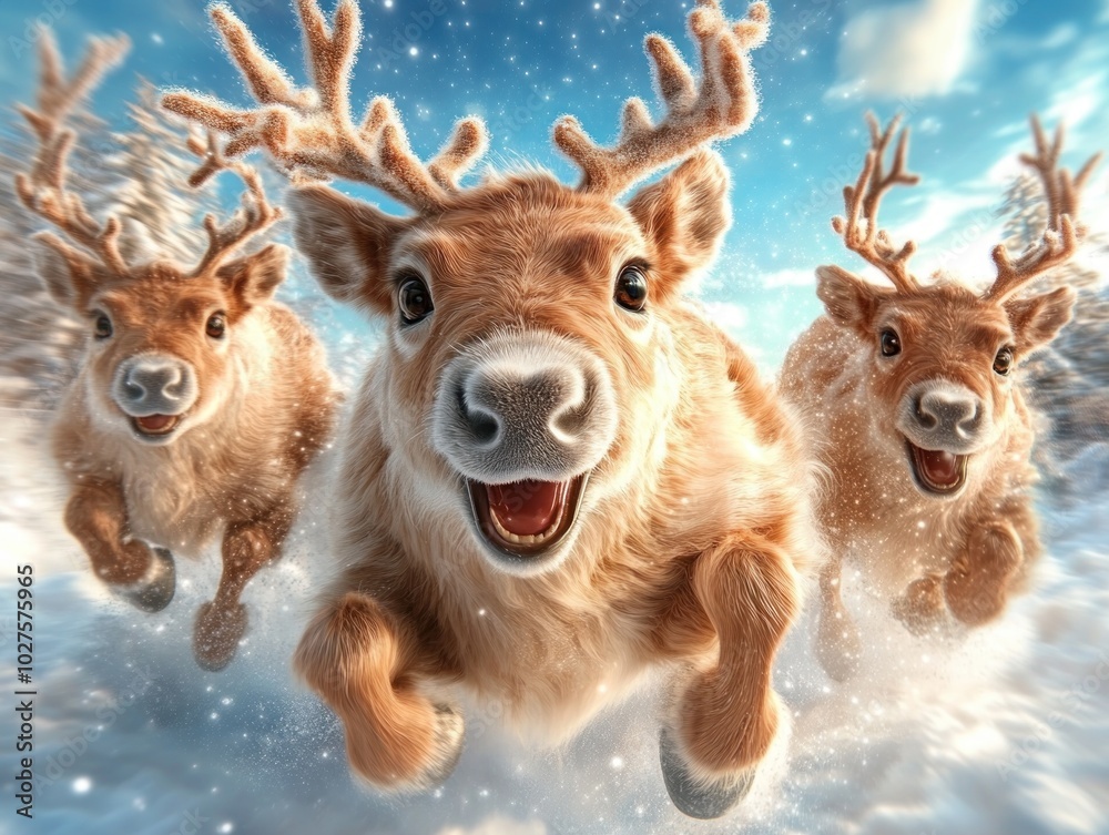 Magical Reindeer Sleigh Race Through a Starry Fantasy World, Enchanting Christmas Scene with Flying Reindeer and a Festive Sleigh Magical Reindeer Sleigh Race Through a Starry Fantasy World, Enchanting Christmas Scene with Flying Reindeer and a Festive Sleigh