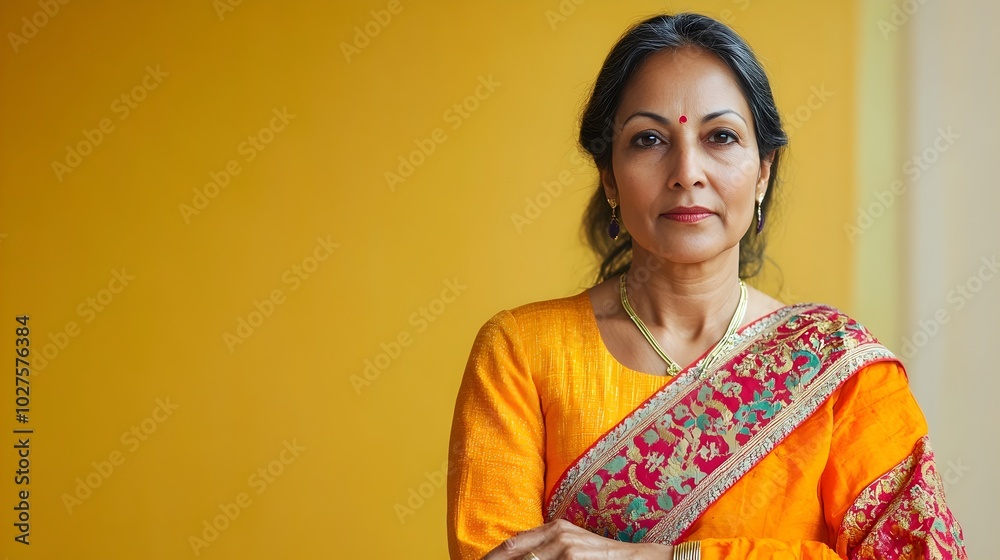 Portrait of a Thoughtful Middle Aged Indian Woman Dressed in a Vibrant Traditional Sari and Posing with a Pensive Expression Against a Plain Mustard Colored Background in a Photography Studio Portrait of a Thoughtful Middle Aged Indian Woman Dressed in a Vibrant Traditional Sari and Posing with a Pensive Expression Against a Plain Mustard Colored Background in a Photography Studio