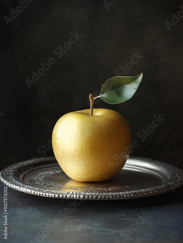 A golden apple sits on an engraved silver plate.  photo