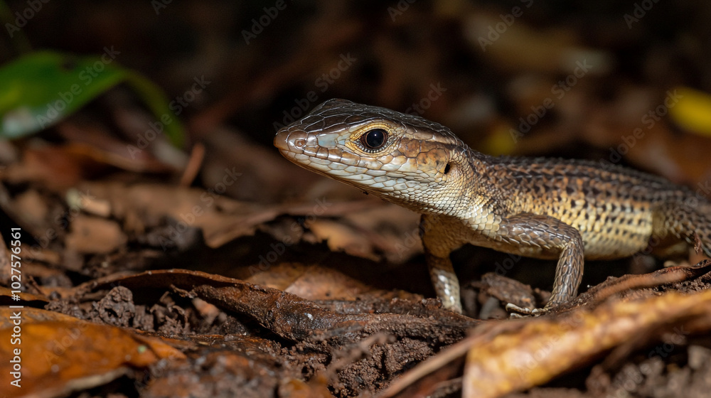 A detailed view of a lizard emerging from the forest floor in a tropical environment A detailed view of a lizard emerging from the forest floor in a tropical environment