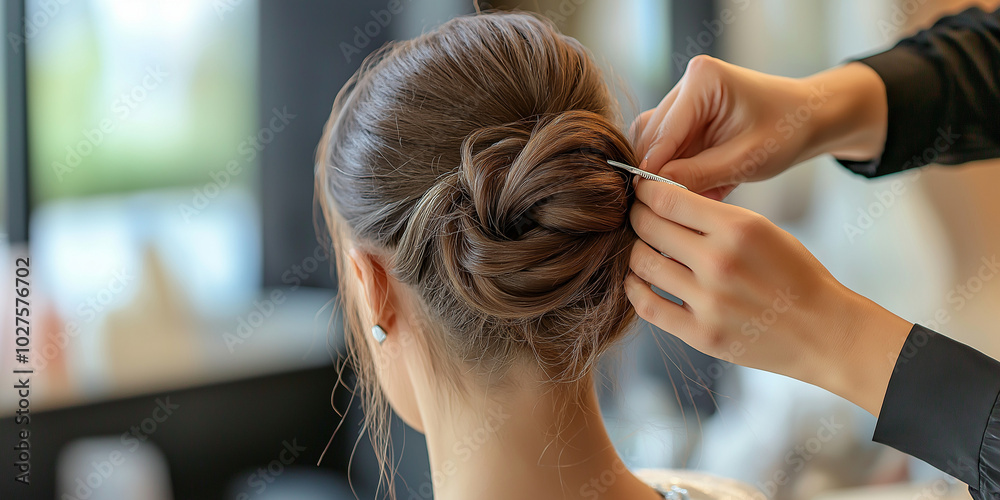 Naklejka premium A stylish updo is meticulously crafted by skilled hands in a professional hair salon, highlighting grace, sophistication, and attention to detail in hairstyling.