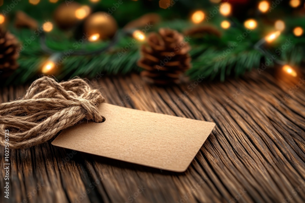 Fototapeta premium Rustic Christmas Gift Tag with Twine, Glowing Softly Under Holiday Lights, Creating a Cozy Feeling Perfect for Your Holiday Gifts Festive, Cozy, Rustic Christmas Gift Tag with Lights
