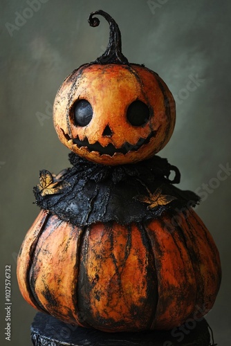 Scary halloween pumpkin wearing black shawl on dark background photo