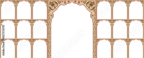 Set of windows Beautiful Arch small and Big Design Indian classic Rajasthani fort and Culture. Wedding Backdrop and other uses. Abstract Indian floral design, Persian carpet, tribal texture, Vector.