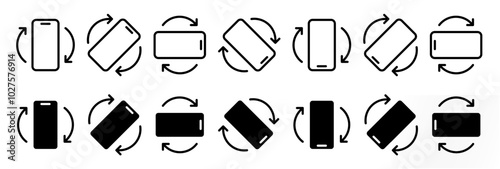 rotate smartphone or mobile icon set (solid black fill). rotation of mobile device icons collection. display rotation symbol.