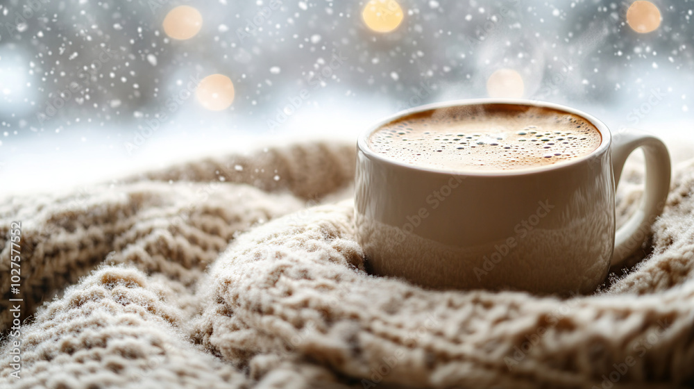 Steaming mug of coffee on an oversized winter blanket Steaming mug of coffee on an oversized winter blanket