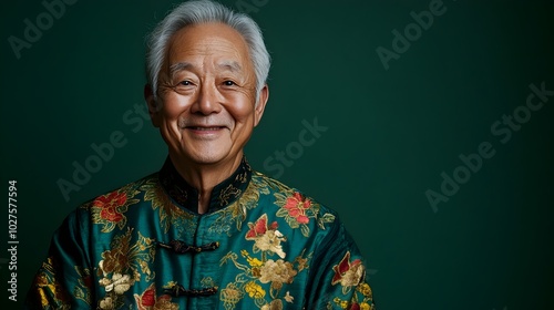 Portrait of a cheerful elderly Asian man wearing a traditional embroidered Mandarin jacket against a plain emerald green background with studio lighting