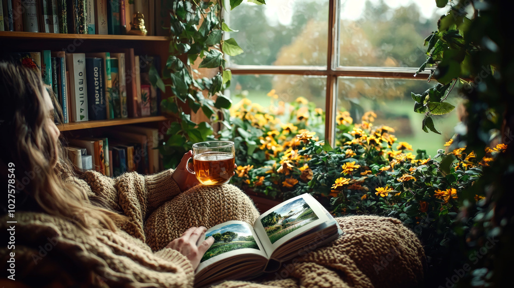 Fototapeta premium Cozy reading nook with a view and a drink.