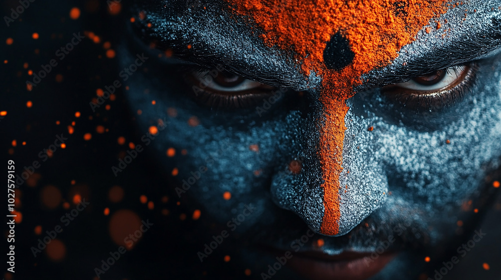 Close-up portrait of a man with blue and orange paint on his face, looking intense. Close-up portrait of a man with blue and orange paint on his face, looking intense.