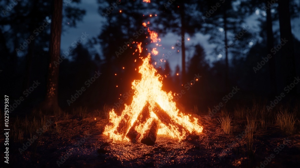 Captivating Campfire Ablaze in the Serene Forest at Night