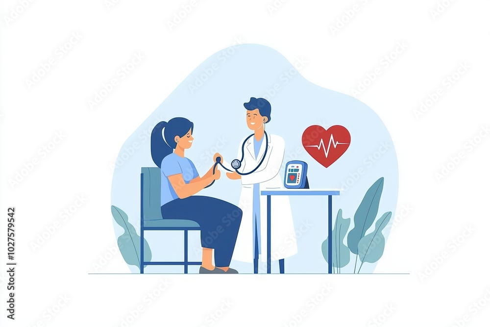 A doctor assists a patient in a medical check-up with a stethoscope and heart monitor. A doctor assists a patient in a medical check-up with a stethoscope and heart monitor.
