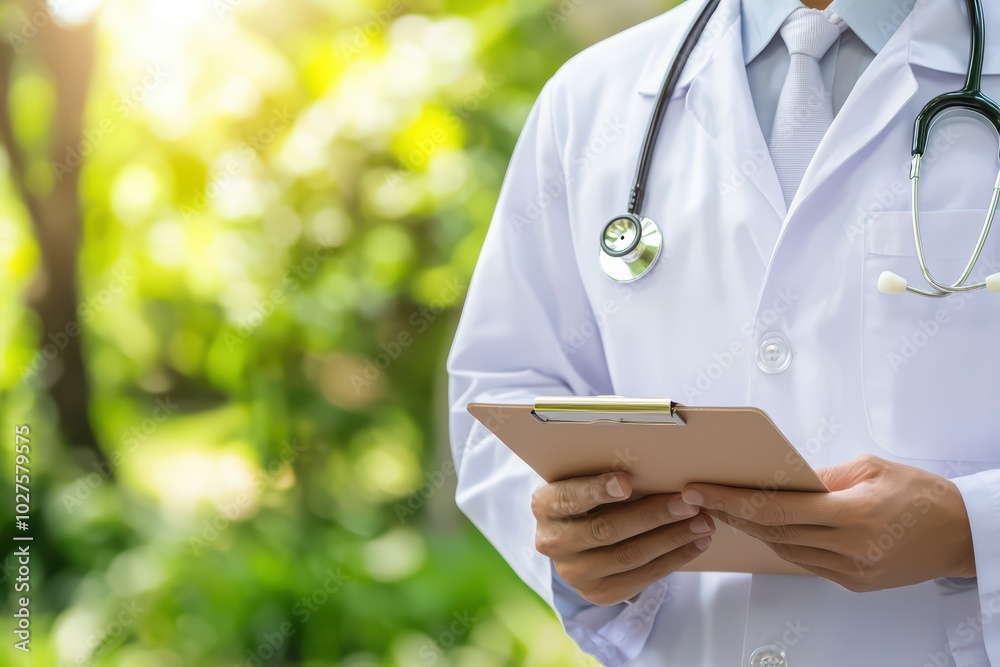 A doctor in a white coat holding a tablet, surrounded by a lush green environment, symbolizing health and wellness. A doctor in a white coat holding a tablet, surrounded by a lush green environment, symbolizing health and wellness.