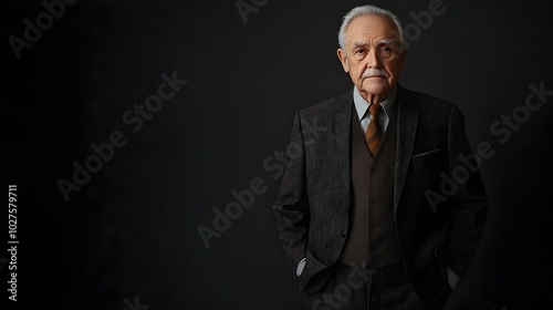 Portrait of a contemplative elderly Caucasian man dressed in a tailored three piece suit standing in a studio setting with dramatic lighting against a plain charcoal background