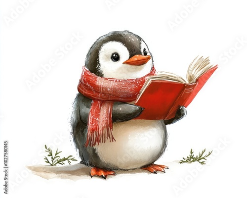 Cute Isometric Watercolor Penguin with Book