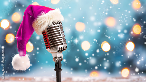 Pink Santa Claus Hat on a Silver Retro Microphone, Christmas Background with Bokeh Lights and Snow for Audio, Podcast, Concert, Karaoke Holiday Design.