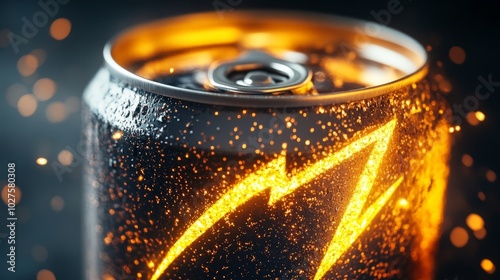 A close-up of an energy drink can with lightning bolt graphics, symbolizing power and energy